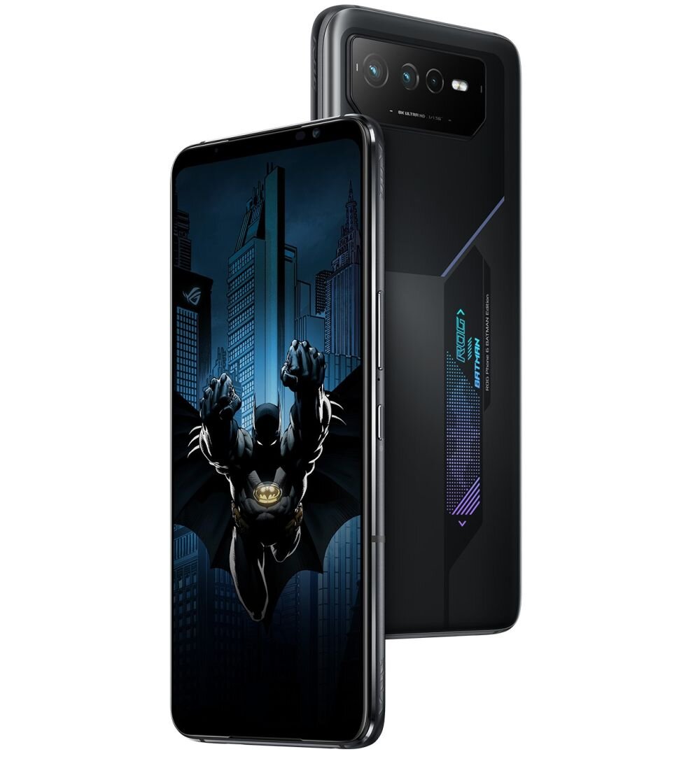 Smartfon ASUS ROG Phone 6D Batman ekran bateria aparat procesor ram pamięć pojemność rozdzielczość zdjęcia filmy opis dane cechy blokady system łączność wifi bluetooth obudowa szkło odporność porty muzyka transfer sieć przekątna matryca waga czujniki oled amoled ips