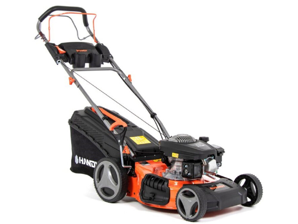 Kosiarka spalinowa HANDY DK46N150B-4W1 kola lozyskowe rozmiar 17,5 cm na przodzie 25 cm na tyle obudowa kosiarki ze stalo odpornosc na uderzenia i dzialanie warunkow atmosferycznych