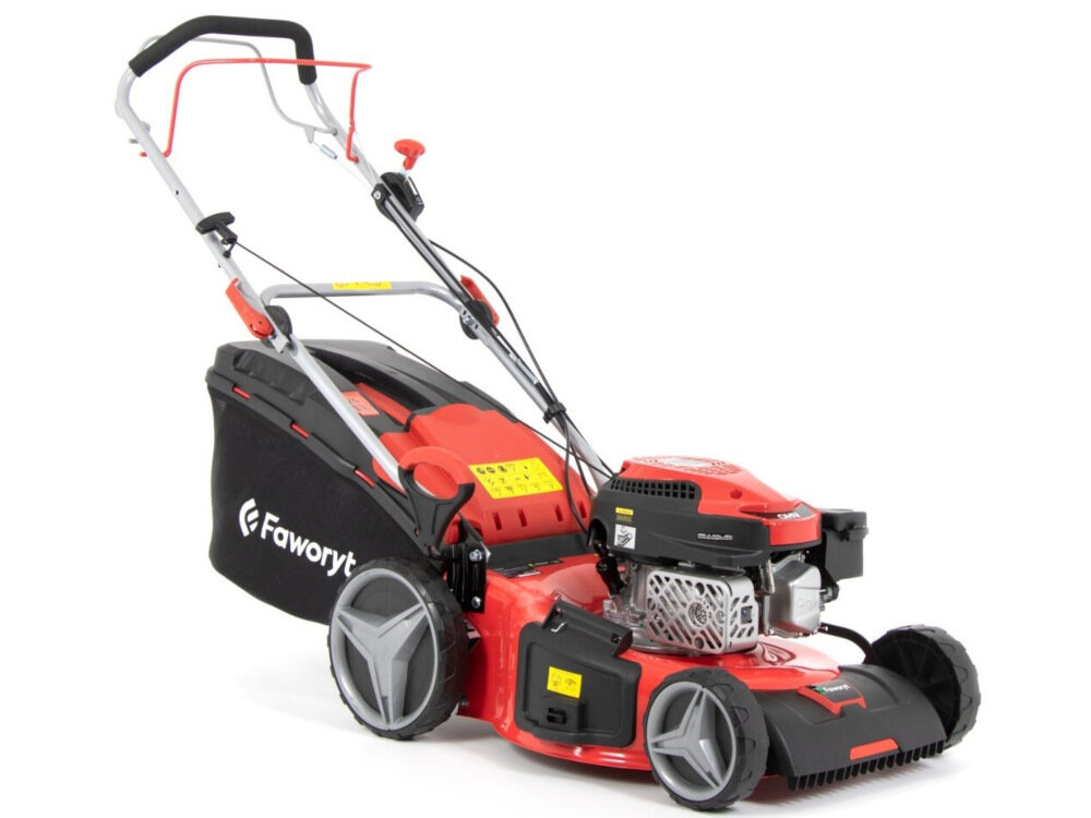Kosiarka spalinowa FAWORYT WB46N170-3W1 zasilanie silnik górnozaworowy RATO WR170 system OHV pojemność 170 cm3 płynna efektowna praca do niewielkich ogrodów do dużych działek do 1200 m2 satysfakcjonująca moc 3,5 kW gwarancja efektownej pracy zbiornik paliwa pojemność 0,5 litra