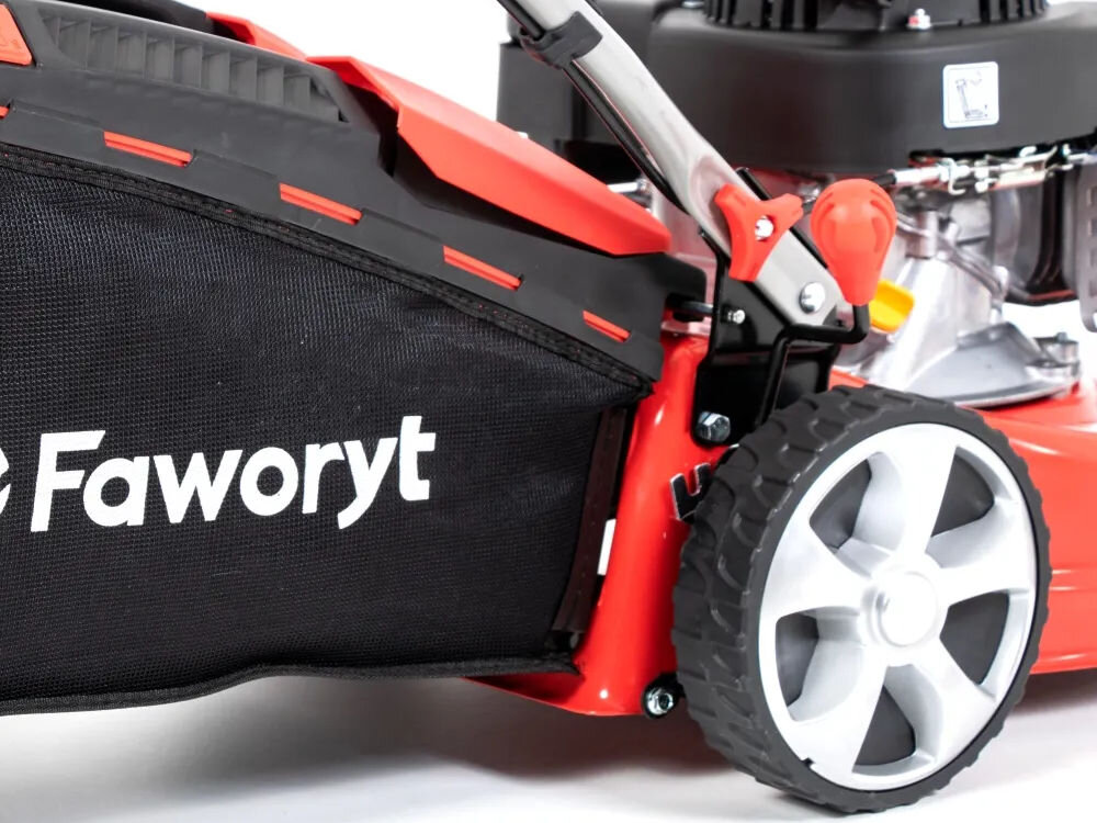 Kosiarka spalinowa FAWORYT SH41N123L koszenie z uwzględnieniem preferowanej wysokości trawy 25-75 cm centralna regulacja koszenia mechanizm sprężynowy 7-stopniowa skala