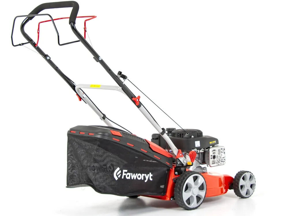 Kosiarka spalinowa FAWORYT SH41N123L wyrzutu trawy do kosza łożyskowe koła o średnicy 15 cm na przodzie 20 cm na tyle zmniejszają opory toczenia dokładność koszenia