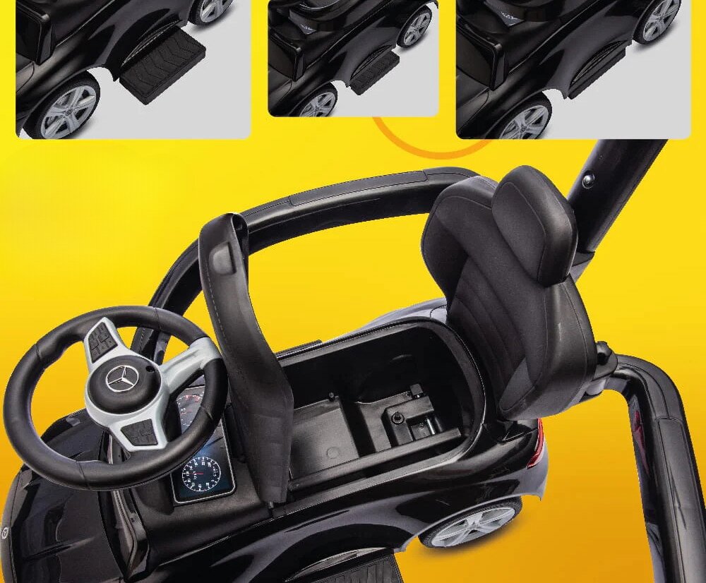 Jeździk SUN BABY Mercedes Coupe AMG C36 Czarny Wysuwane podnóżki dopasowanie odpoczynek jazda potrzeby Pałąk bezpieczeństwa