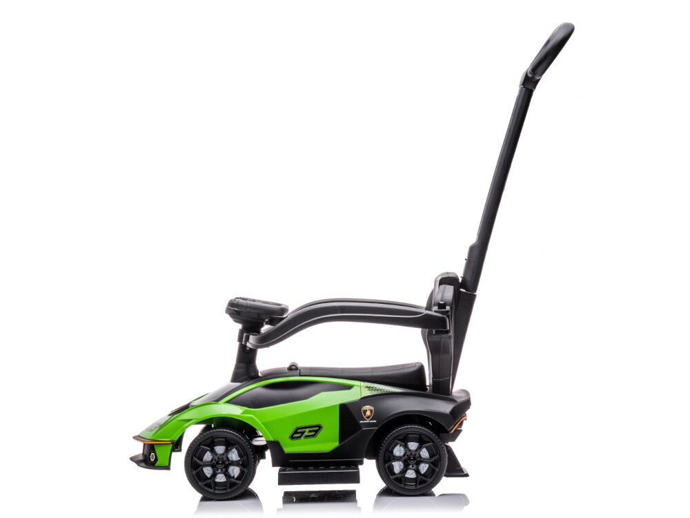 Jeździk SUN BABY Lamborghini Essenza SCV12 Zielony wymiary dlugosc 79 cm z pchaczem bez pchacza 66 szerokosc z obejma 35 cm bez obejmy 28cm wysokosc pchacza 90 cm szerokosc podparcia dla stop 40 cm dla dzieci w wieku od 12 miesiaca zycia