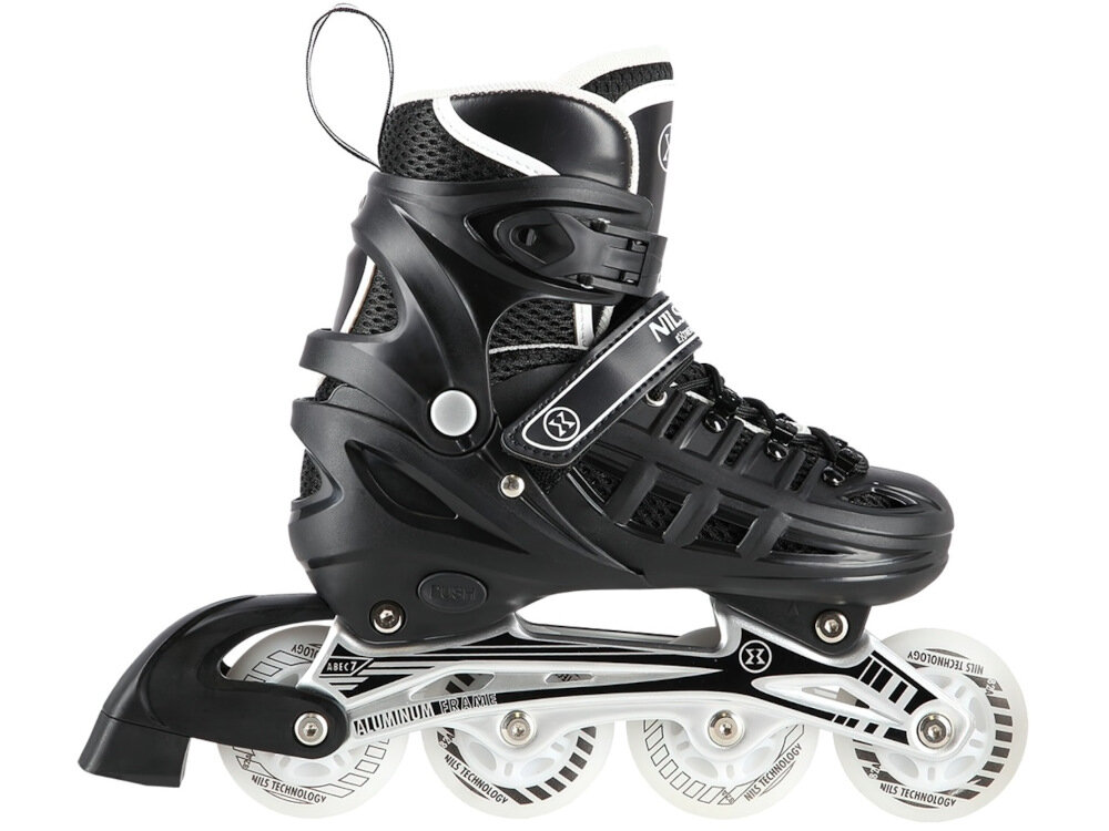 Łyżworolki NILS EXTREME NH10905 NA11010 (rozmiar 39-42) Czarny dedykowane najmłodszym rolkarzom wytrzymała skorupa wysokiej jakości kółka i łożyska możliwość regulacji rozmiaru do 35 do 38