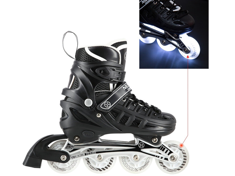 Łyżworolki NILS EXTREME NH10905 NA11010 (rozmiar 39-42) Czarny miękkie kółka twardość 82A średnica 64 mm bardzo dobra przyczepność do podłoża tłumią drgania łożyska ABEC-7 podswietlenie
