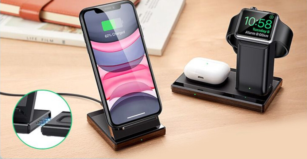 ŁADOWARKA INDUKCYJNA ESR 3IN1 WIRELESS CHARGING STATION BLACK jednocześnie trzy sprzęty różnorodne konfiguracje