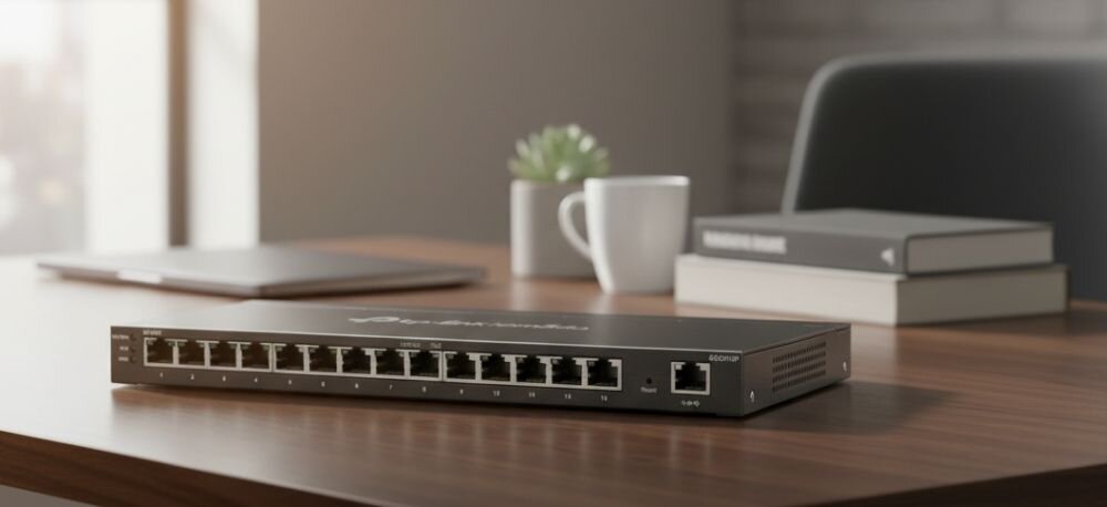 Przełącznik TP-Link Omada Gigabit Ethernet stoi na biurku podczas zarządzania siecią w  biurze.