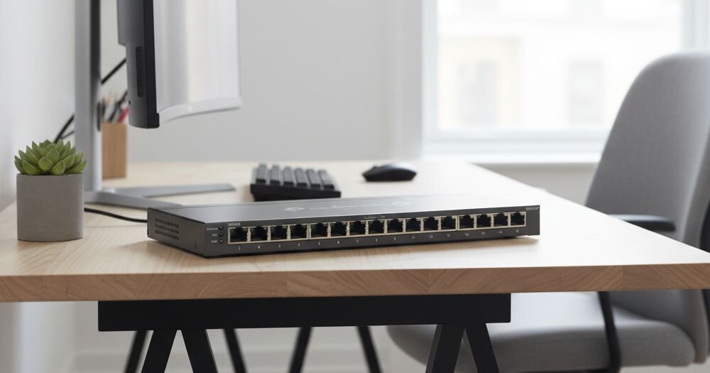 Przełącznik TP-Link Omada Gigabit Ethernet pracuje obok monitora podczas konfiguracji infrastruktury sieciowej w biurze