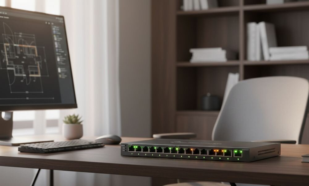 Przełącznik TP-Link Omada Gigabit Ethernet znajduje się na stanowisku administratora sieci w centrum IT.. 