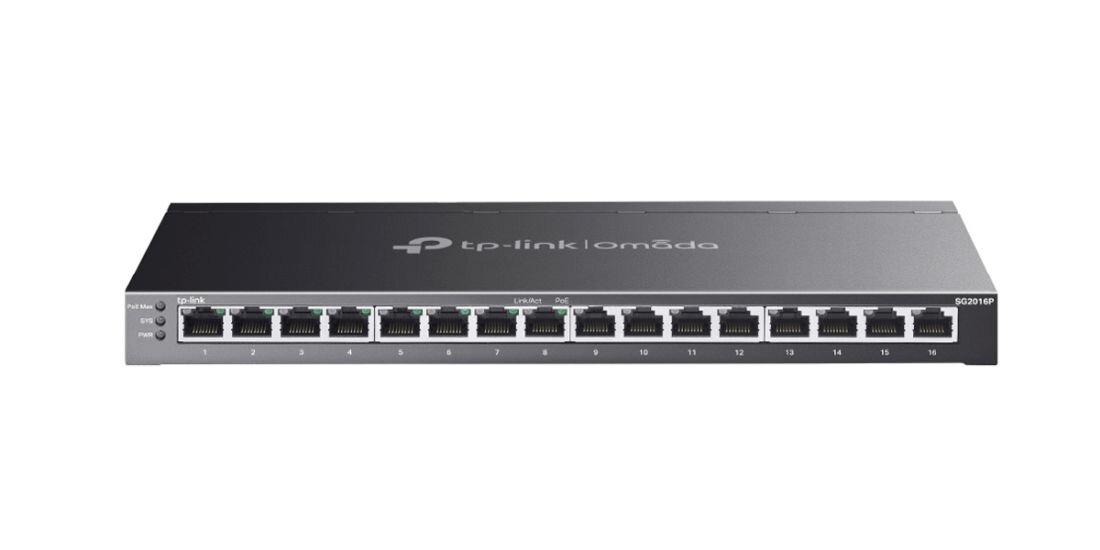 Przełącznik TP-Link Omada z portami Gigabit Ethernet prezentuje panel złączy sieciowych na jasnym tle.