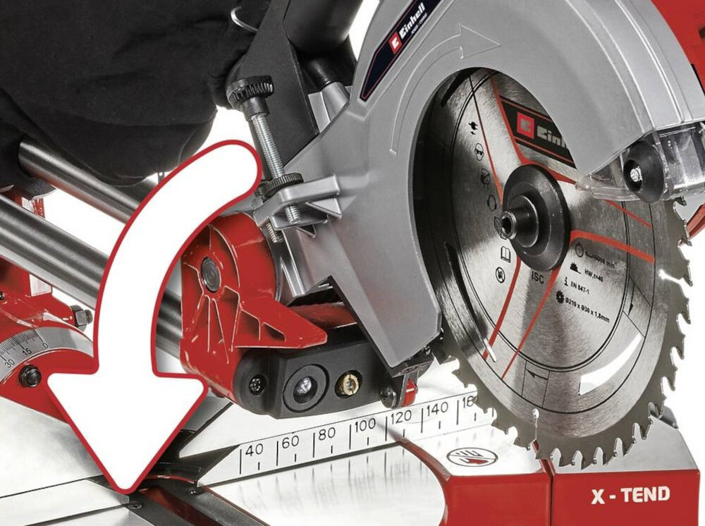 Pilarka ukosowa EINHELL TC-SM 216 silnik moc 1600 W maksymalna prędkość obrotowa do 5200 obr/min bazuje na certyfikowanych komponentach solidny sprzęt odchylana głowica piły głębokość cięcia pod kątem 45 stopni do 215 mm pod kątem 90 stopni do 305 mm