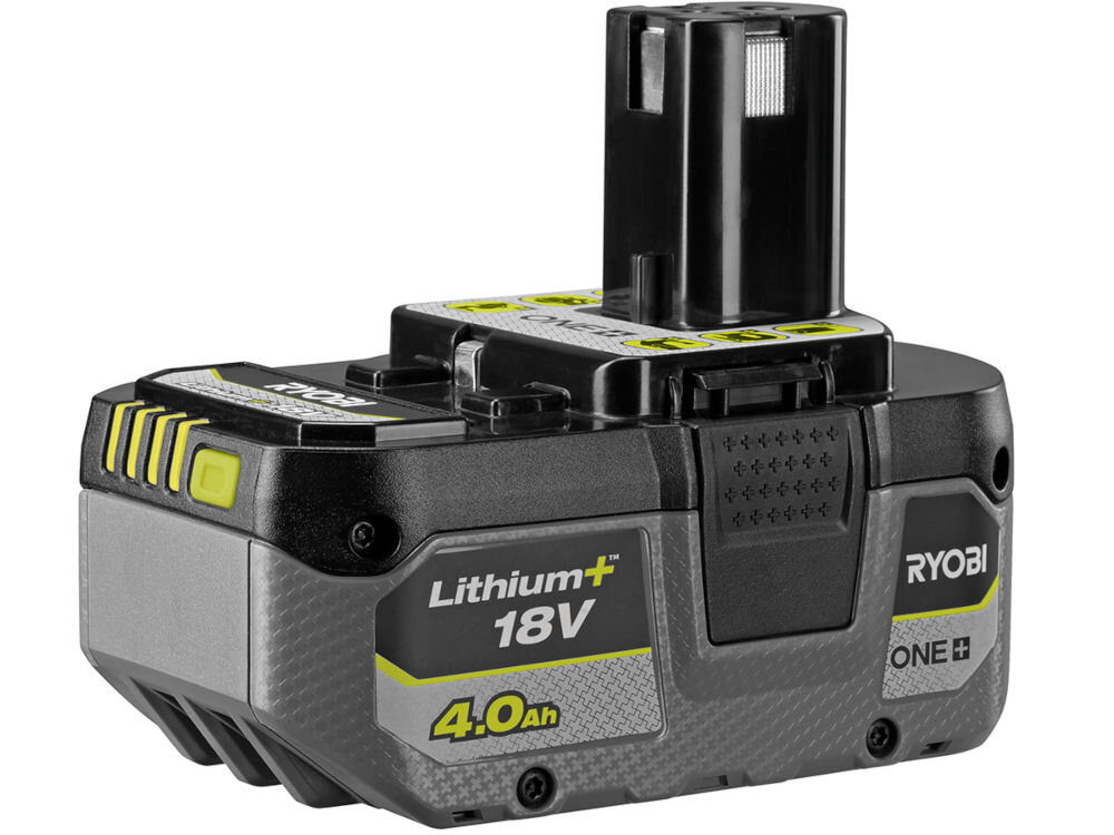 Akumulator RYOBI RB1840X 4Ah 18V, 18V, 4Ah, pojemność, zasilanie, Na białym tle akumulator stoi pionowo frontem prawo skos