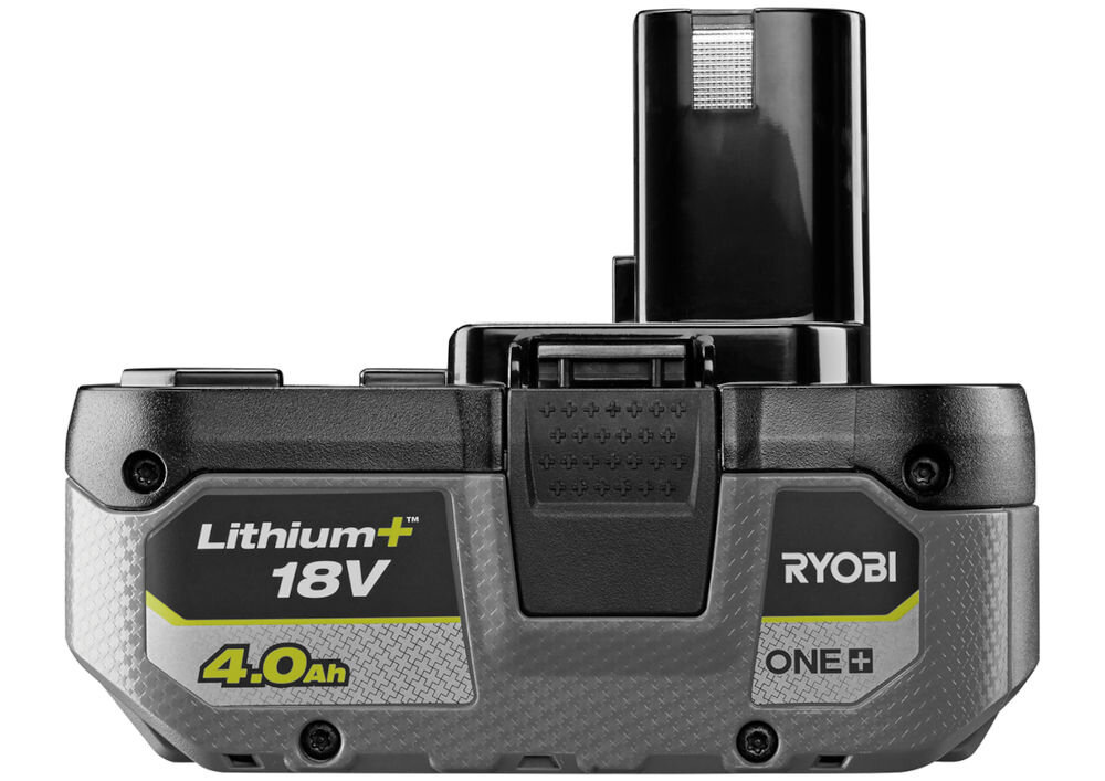 Akumulator RYOBI RB1840X 4Ah 18V, współpraca, pojemność, RYOBI ONE+, system, Na białym tle akumulator stoi piono lewym bokiem