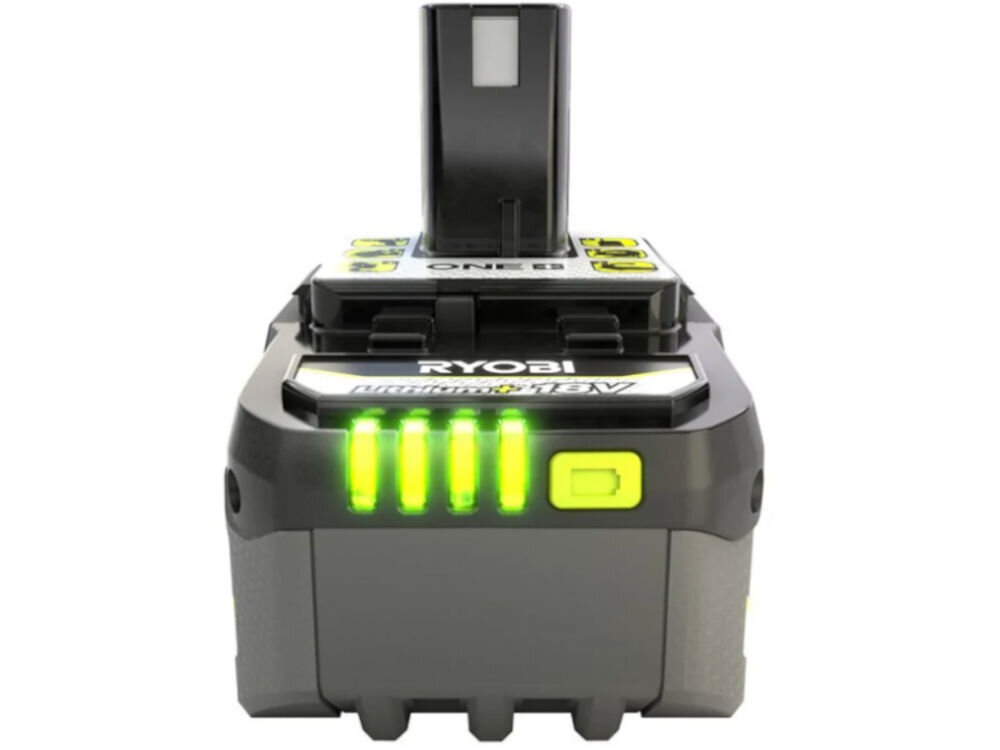 Akumulator RYOBI RB1840X 4Ah 18V, LED, diody, energia, naładowanie, Na białym tle akumulator stoi pionowo frontem na wprost ze świecacymi wskaźnikami LED