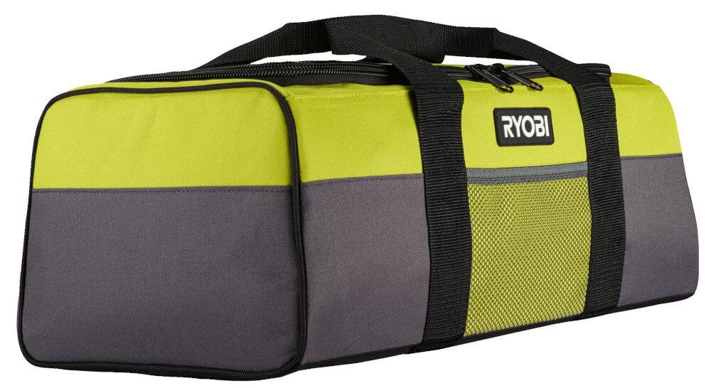 Torba narzędziowa RYOBI RTB02 torba na białym tle widoczna od przodu pod skosem do przechowywania i przenoszenia narzędzi i akcesoriów pojemność do 25 litrów oszczędza czas