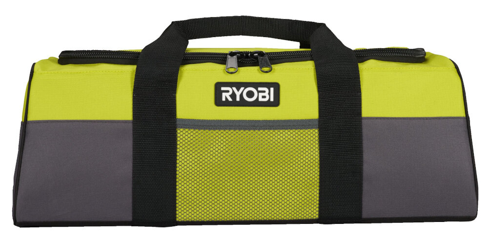 Torba narzędziowa RYOBI RTB02 torba na białym tle widoczna od przodu z mocnej tkaniny poliestrowej 600x300D wysoka odporność na przetarcia i uszkodzenia do przenoszenia ciężkich elementów bez ryzyka rozdarcia udźwig do 25 kg