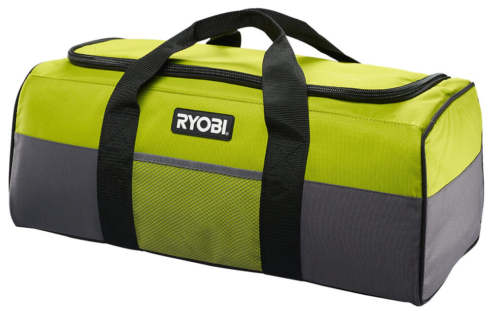 Torba narzędziowa RYOBI RTB02 torba na białym tle widoczna od przodu pod skosem duży solidny zamek błyskawiczny szybkie otwieranie i zamykanie szerokie otwarcie