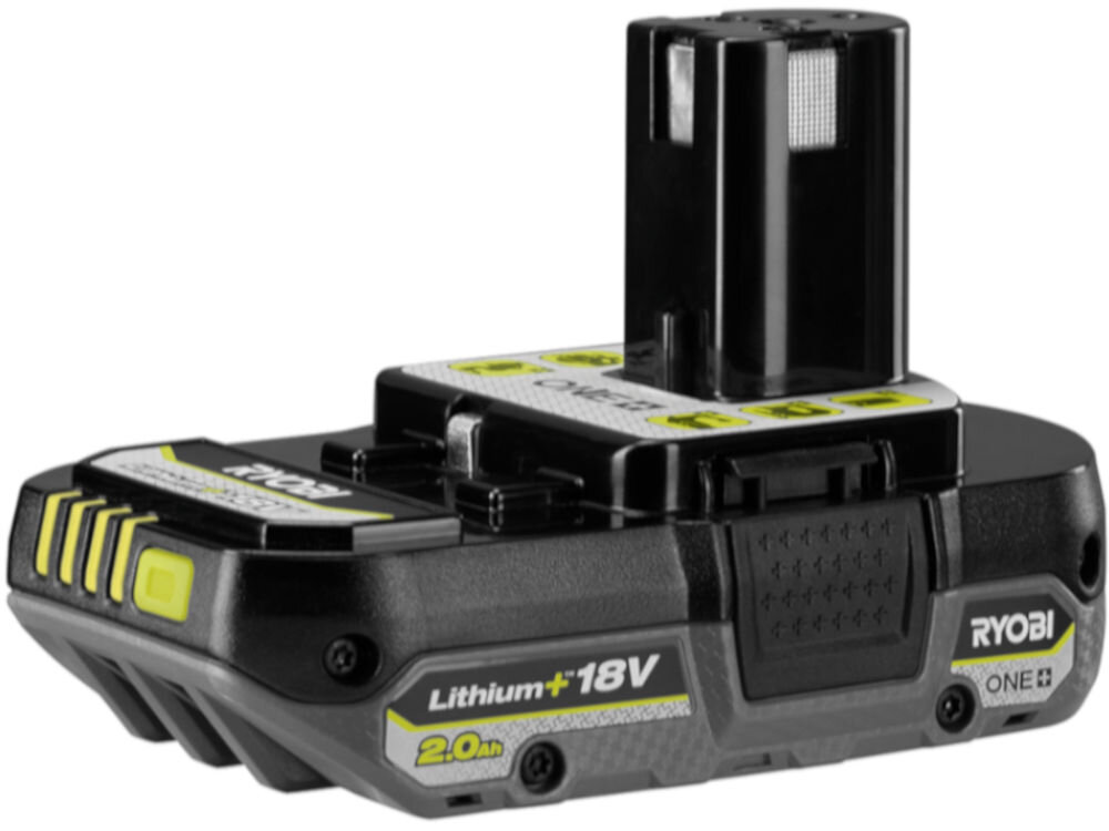 Akumulator RYOBI RB1820C 2Ah 18V, ONE+, 18V, 2Ah, energia, Na białym tle stoi akumulator frontem prawo skos