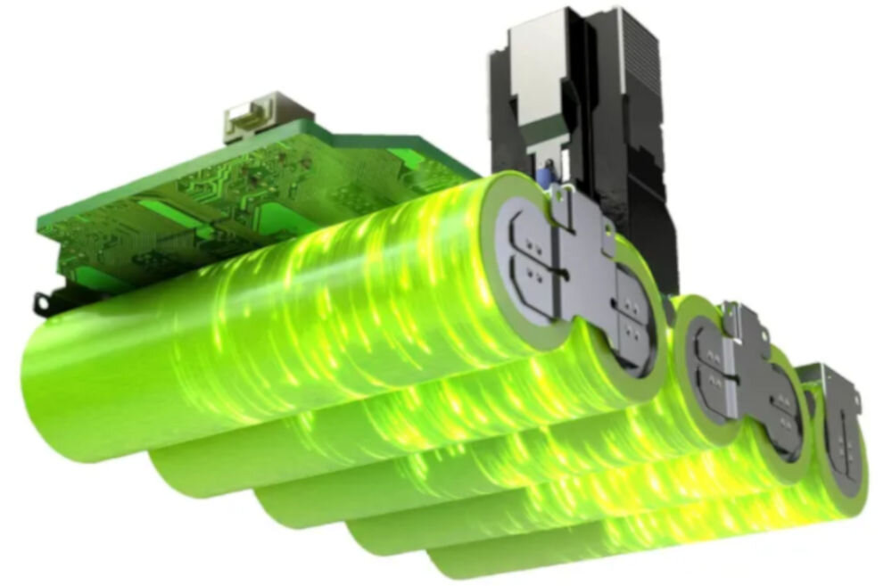 Akumulator RYOBI RB1820C 2Ah 18V, pamięć, litowo jonowe, wydajny, technologia, Wizualizacja wewnętrzej budowy akumulatora przedstawiająca technologie litowo jonową