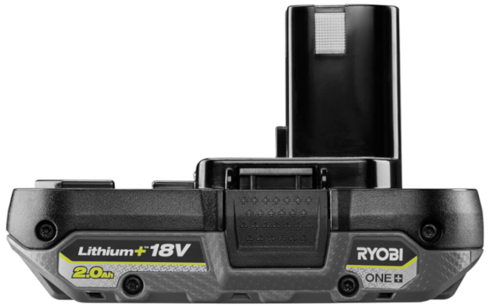 Akumulator RYOBI RB1820C 2Ah 18V, masa, wymiary, komfort, obciążenie, Akumulator na białym tle pokazany od boku pionowo