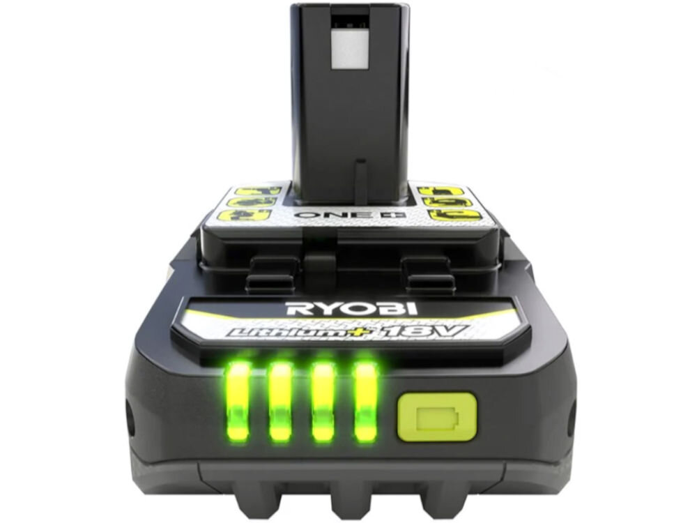 Akumulator RYOBI RB1820C 2Ah 18V, LED, wskaźnik, szybko, naładowanie, Zbliżenie od frontu na wprost wskaźnika LED akumulatora, wszystko na białym tle