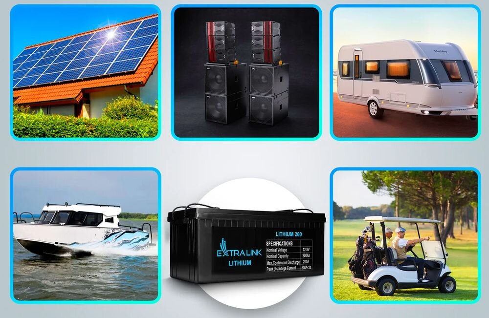 Akumulator EXTRALINK Akumulator LiFePO4 12 V 200 Ah kamperach, na jachtach, w pojazdach osobowych i autobusach magazyn energii do zasilania awaryjnego bezobsługowa praca - akumulator w różnych zastosowaniach