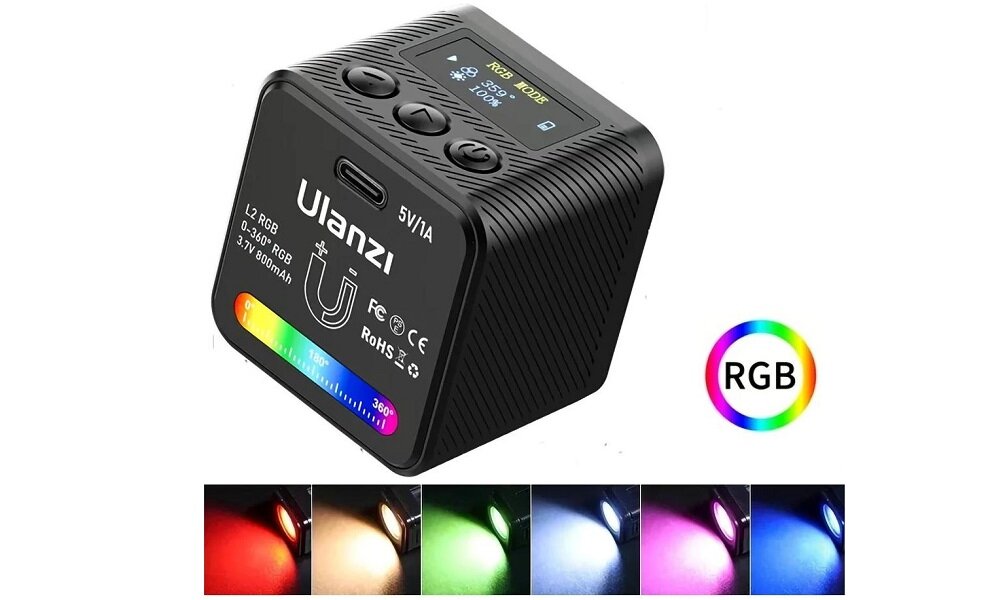 Lampa LED ULANZI L2 RGB Wyświetlacz OLED Programy tematyczne Praca w przestrzeni barw RGB Wyposażenie wymiary waga