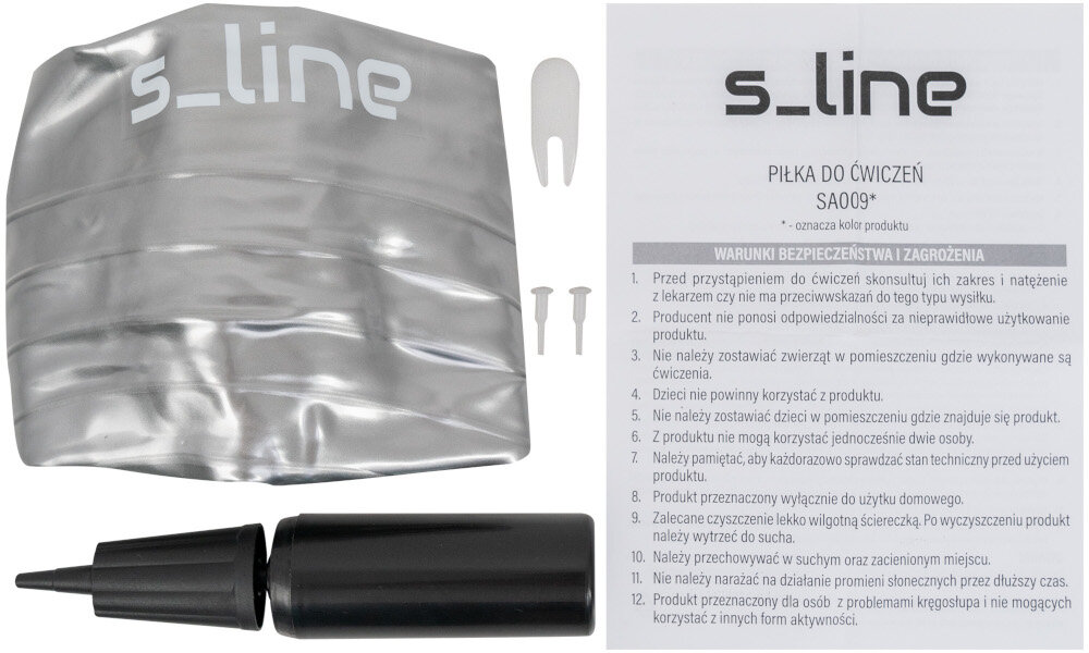 Piłka gimnastyczna S-LINE SA009G Szary 65 cm zestaw akcesoria dokumentacja