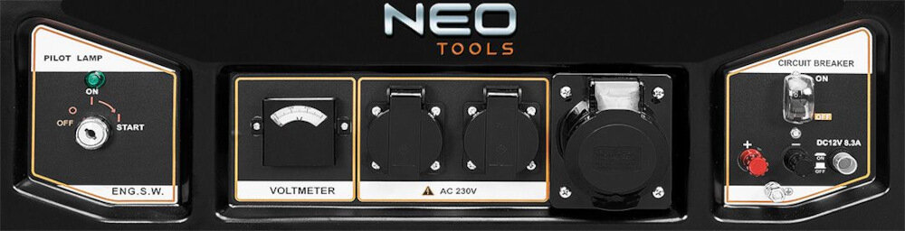 Agregat prądotwórczy NEO TOOLS 04-731 wszechstronnosc dwa gniazda AC napiecie 230V prad 16A jedno gniazdo AC o napieciu 230 V i pradzie 32A wejscie DC o wartosci 12V/8.3A