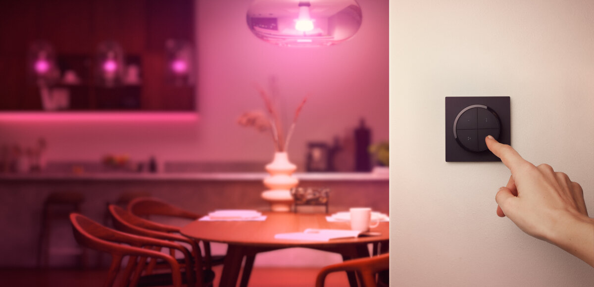 Przełącznik PHILIPS HUE Tap dial Switch Czarny, podkładki, magnes, wbudowanie, pilot, Dłoń reguluje przez przełącznik światło w pokoju gościnnym