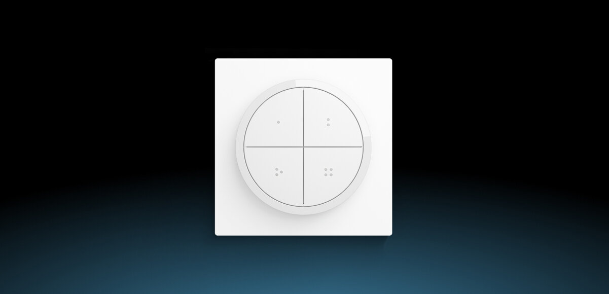 Przełącznik PHILIPS HUE Tap dial Switch Biały, opakowanie, zestaw, przełącznik, regulacja, na czarnym tle biały przełącznik