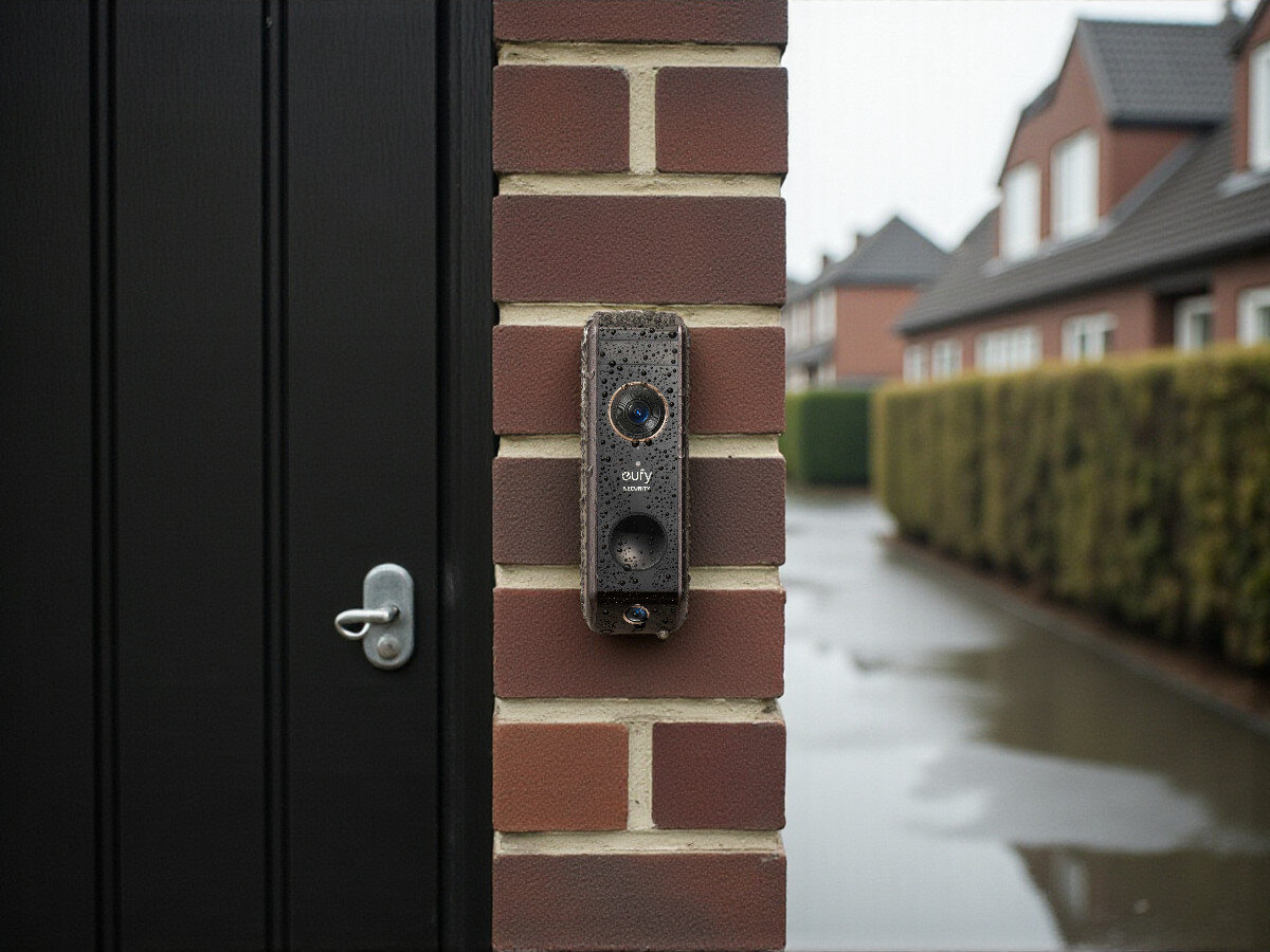 Wideodomofon EUFY S330 E8213G11 Bezprzewodowy Wi-Fi, wytrzymałość, IP65, akumulator, całoroczny, Wideodomofon EUFY S330 zamontowany na murze przy furtce, deszczowy dzień, widoczne krople wody.