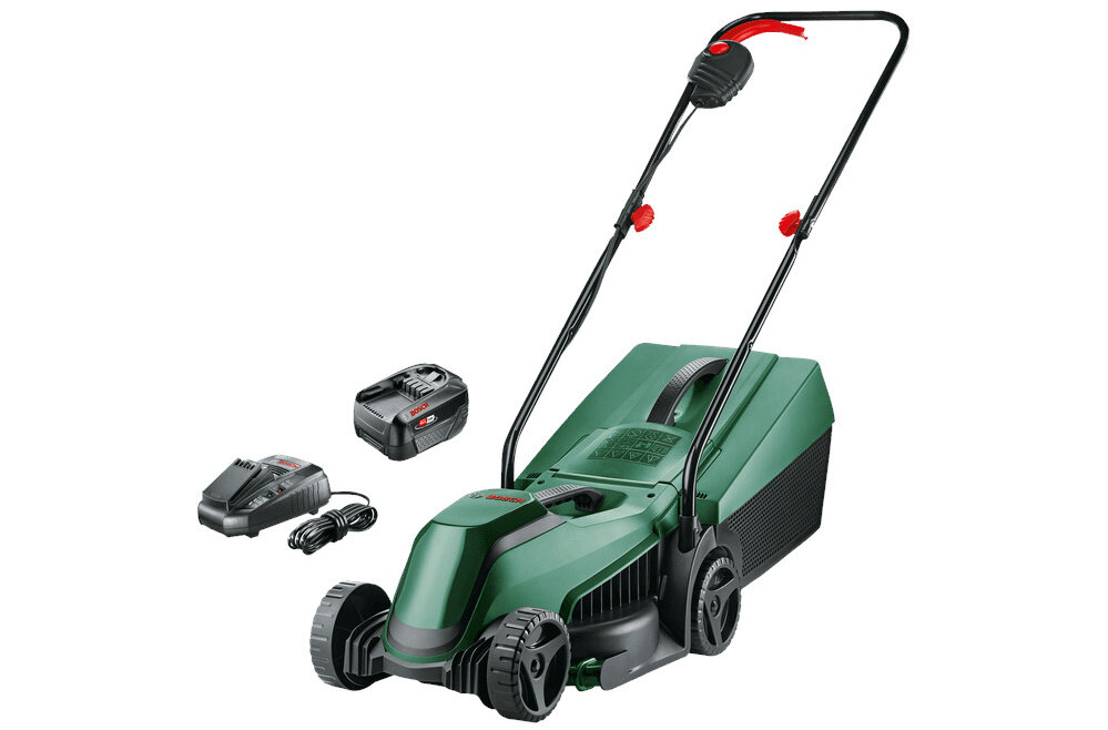 Kosiarka akumulatorowa BOSCH EasyMower 18V-32-200 06008B9D00 zestaw na jasnym tle w zestawie kosiarka akumulator ładowarka kosz dokumentacja