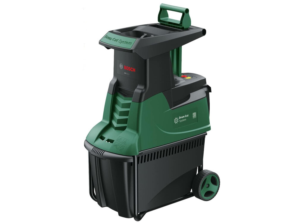 Rozdrabniacz do gałęzi BOSCH AXT 22 D 0600803003 rozdrabniacz na białym tle widoczny od przodu pod skosem niski poziom hałasu (89 dB) praca jest bardziej komfortowa swobodne korzystanie z urządzenia wygoda i elastyczność w planowaniu prac ogrodowych