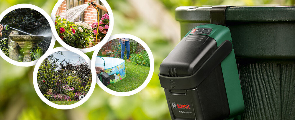 Pompa do wody BOSCH GardenPump 18V-2000 06008C4203 akumulatorowa wszechstronne zastosowanie oproznianie przydomowych brodzikow do czyszczenia splukiwania malych zanieczyszczen do czyszczenia ozdobnych elementow w ogrodzie gwint przylaczeniowy 3/4 cala