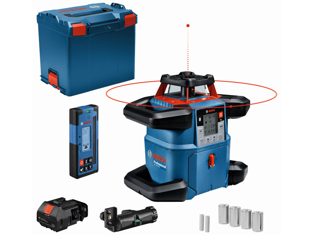 Laser obrotowy BOSCH Professional GRL 600 CHV 0601061F01 zestaw akumulator ladowarka odbiornik laserowy uchwyt odbiornika adapter baterii BA 1 4 baterie 15,5 V LR20 2 baterie 1,5V LR6 kufer transportowy dokumentacja