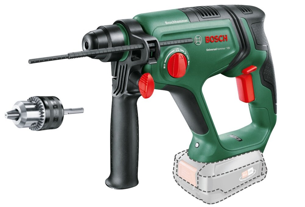 Młotowiertarka BOSCH UniversalHammer 18V ogranicznik glebokosci dodatkowa rekojesc adapter do uchwytow cylindrycznych