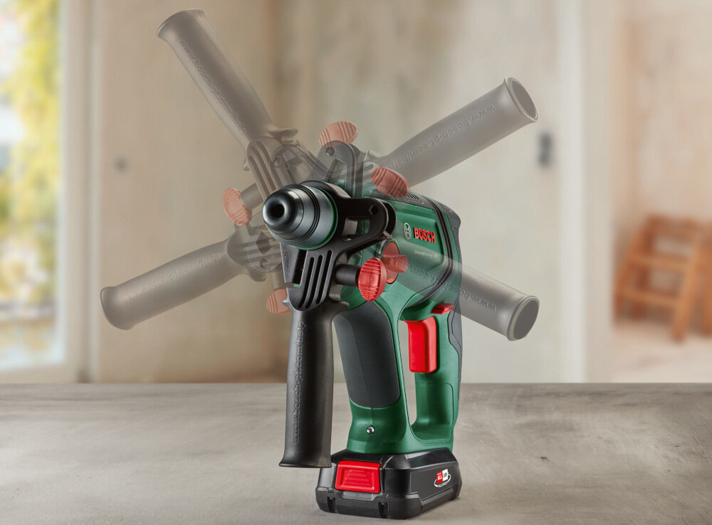 Młotowiertarka BOSCH UniversalHammer 18V wielopozycyjna rekojesc dodatkowa praca w poziomie pionie