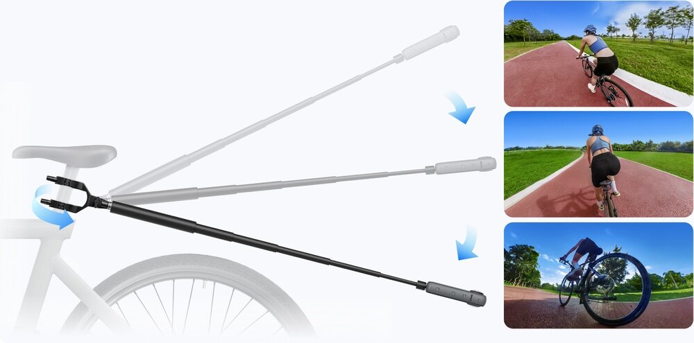 Insta360 Third-Person Bike Tail Mount regulacją kąta nachylenia i kilka przykładowych ujęć