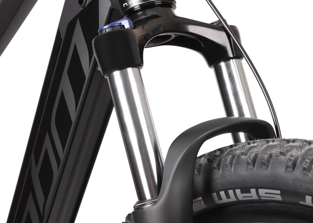 Rower elektryczny MBM Kairos M20 29 cali męski Czarny amortyzator przedni sprężynowy marki SR SUNTOUR ułatwia najeżdżanie na przeszkody niweluje wstrząsy na kierownicy