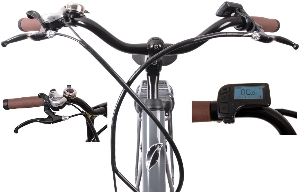 Rower elektryczny Pulse M20 28 cali męski Tytanowo-szary kierownica marki MBM aluminiowy wspornik niezawodność lekkość manetki kierownicy pokryte antypoślizgowym materiałem wyświetlacz LCD czas jazdy przebyty dystans dzwonek
