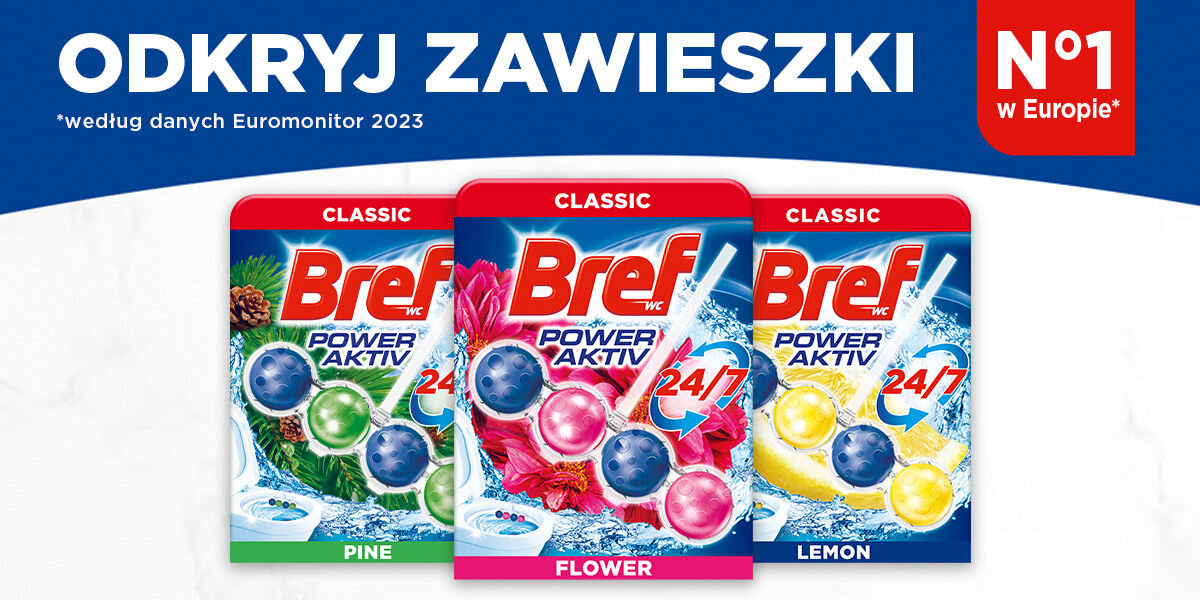 Kostka do WC BREF Power Aktiv Świeże kwiaty Reklama Bref WC Power Aktiv. Duży napis: ODKRYJ ZAWIESZKI N°1 w Europie (wg danych Euromonitor 2023). Trzy opakowania zawieszek toaletowych Bref Power Aktiv Classic w wariantach zapachowych: PINE (zielono-niebieski), FLOWER (różowo-niebieski) i LEMON (żółto-niebieski)
