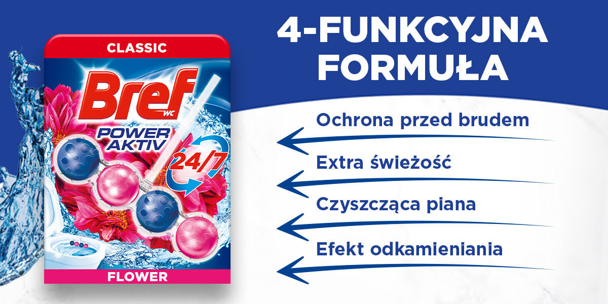 Kostka do WC BREF Power Aktiv Świeże kwiaty Reklama Bref Power Aktiv Flower przedstawiająca jego 4-FUNKCYJNĄ FORMUŁĘ: Ochrona przed brudem, Extra świeżość, Czyszcząca piana, Efekt odkamieniania. Obok opakowania widoczne są strzałki wskazujące na te cztery korzyści