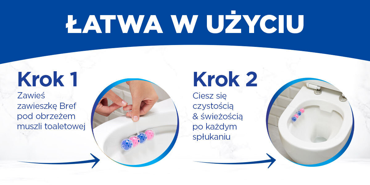 Kostka do WC BREF Power Aktiv Świeże kwiaty Instrukcja użycia zawieszki Bref Power Aktiv. Tytuł: ŁATWA W UŻYCIU. Krok 1: Kobieta wiesza zawieszkę Bref pod obrzeżem muszli toaletowej. Krok 2: Zdjęcie muszli toaletowej z zawieszką, symbolizujące czystość i świeżość po spłukaniu.