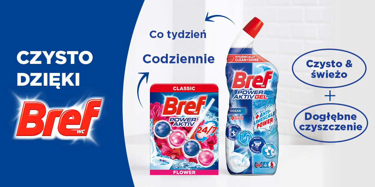 Kostka do WC BREF Power Aktiv Świeże kwiaty Porównanie dwóch produktów Bref WC. Zawieszka Bref Power Aktiv (Flower) do codziennego/cotygodniowego użytku oraz żel Bref Power Aktiv Gel do Dogłębnego czyszczenia. Napis: CZYSTO DZIĘKI BREF WC. Żel zapewnia Czysto & świeżo + Dogłębne czyszczenie