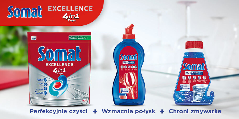 Kapsułki do zmywarki SOMAT Excellence 4w1 - 48 szt.. Zdjęcie prezentujące trzy produkty Somat na jasnym tle z kieliszkami: z lewej kapsułki Somat Excellence 4in1 Caps; w środku niebieski płyn Somat 5in1 Rinse (Nabłyszczacz); z prawej niebieski płyn Somat 5in1 Intensive (Oczyszczacz do zmywarki). Podpis: Perfekcyjnie czyści + Wzmacnia połysk + Chroni zmywarkę.