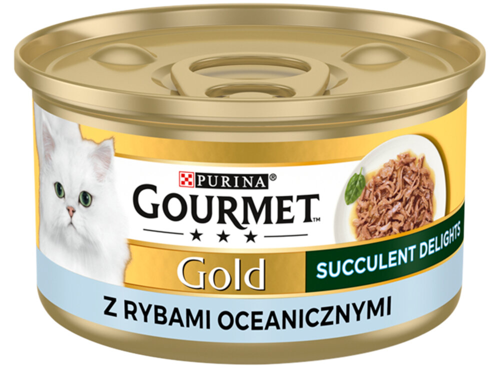 Karma dla kota GOURMET Gold Succulent Delights Ryby oceaniczne 85 g GOURMET Gold Succulent Delights pełnoporcjowa mokra karma dla dorosłych kotów Soczysta receptura starannie dobrane składniki do prawidłowego funkcjonowania organizmu pełnoporcjowy charakter