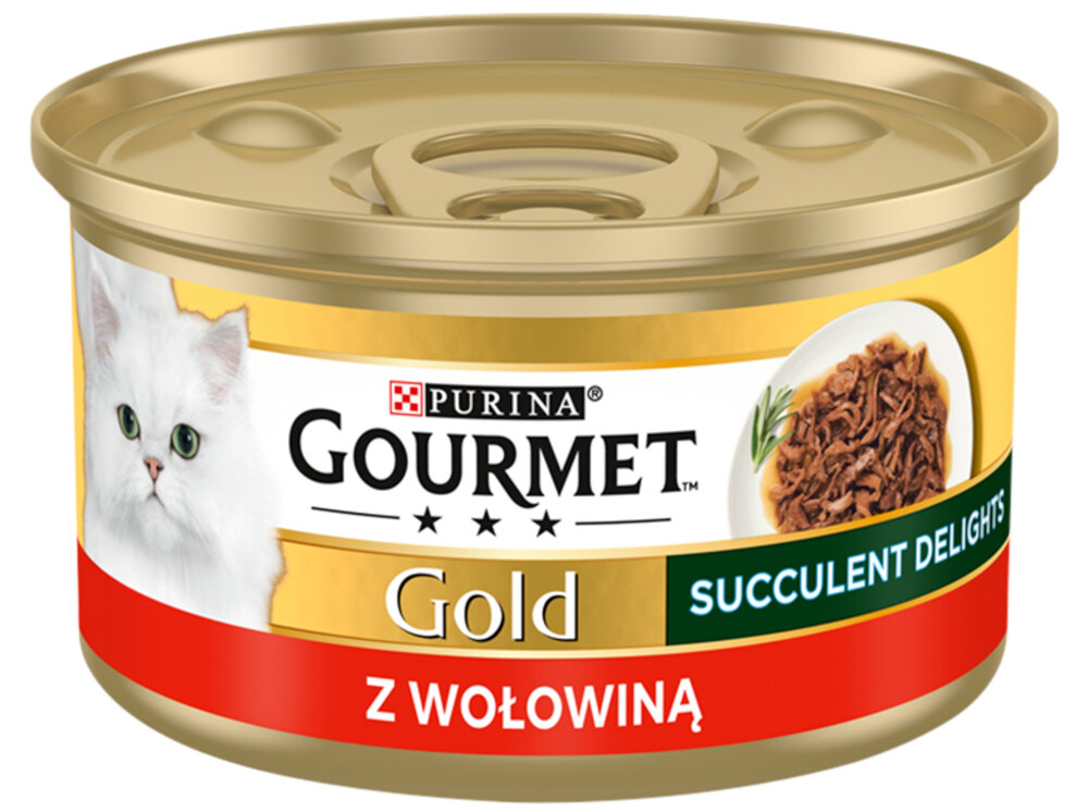 Karma dla kota GOURMET Gold Succulent Delights Wołowina 85 g GOURMET Gold Succulent Delights pełnoporcjowa mokra karma dla dorosłych kotów Soczysta receptura starannie dobrane składniki do prawidłowego funkcjonowania organizmu pełnoporcjowy charakter