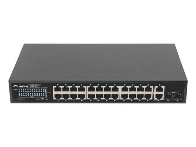 Na obrazie widoczny jest czarny switch sieciowy z 24 portami Ethernet oraz dodatkowymi portami SFP. Na urządzeniu znajduje się logo \'Lanberg\' oraz oznaczenia portów i wskaźników LED.