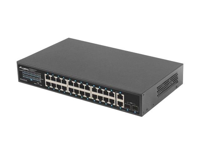 Czarny switch sieciowy z 24 portami Ethernet, dwoma portami SFP i otworami wentylacyjnymi po bokach. Na przednim panelu widoczne jest logo \'Lanberg\'.